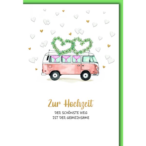 Hochzeitskarte mit Umschlag Camper Bus mit Lorbeerkranzherzen Der schönste Weg ist der gemeinsame Weg