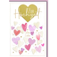 Hochzeitskarte mit Umschlag Goldherz und kleine rosa...