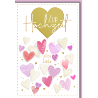 Hochzeitskarte mit Umschlag Goldherz und kleine rosa...