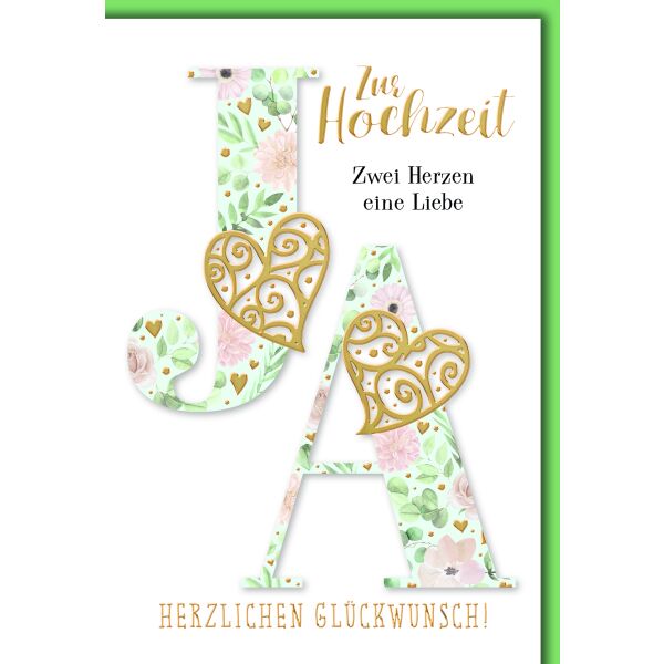 Hochzeitskarte mit Umschlag JA mit Herzen Zwei Herzen eine Liebe
