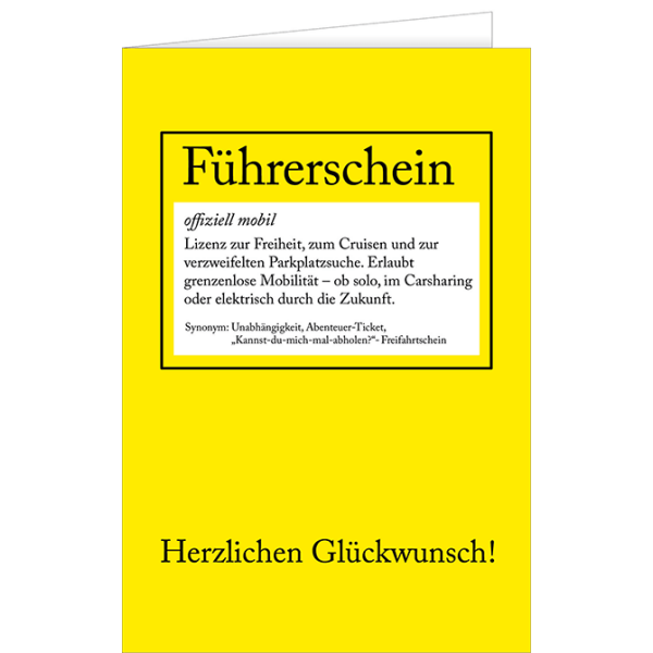 Führerschein Glückwunschkarte mit Umschlag zum bestandenen Füherschein Duden-Erläuterung
