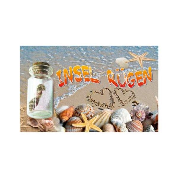 Insel Rügen Magnet mit kleiner Flasche Herzen Muscheln Strand Ostseeinsel