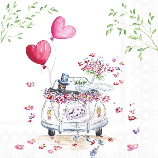 Servietten Lunch 33x33cm 3-lagig 20 Stück Hochzeitsauto Just married Brautpaar Ambiente-Servietten