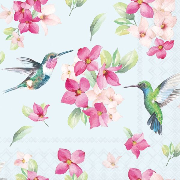 Servietten Lunch 33x33cm 3-lagig 20 Stück Blüten Vogel Kilibri blau Ambiente-Servietten