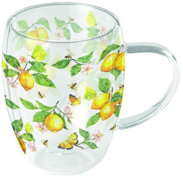 Doppelwandiger Glasbecher Ø 8,5 h 11 cm 0,35 L frische Zitronen Schmetterlinge weiß