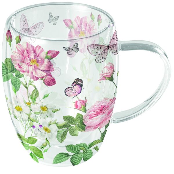 Doppelwandiger Glasbecher Ø 8,5 h 11 cm 0,35 L Amelia weiß Schmetterlinge