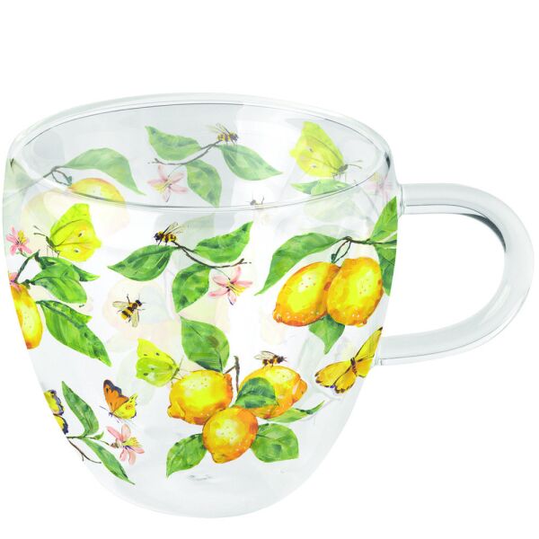 Doppelwandiger Glasbecher Ø 10 h 9,5 cm 0,2L frische Zitronen Schmetterlinge weiß