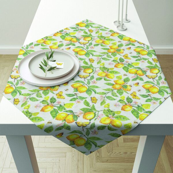 Tischdecke 90x90 cm frische Zitronen Schmetterlinge weiß