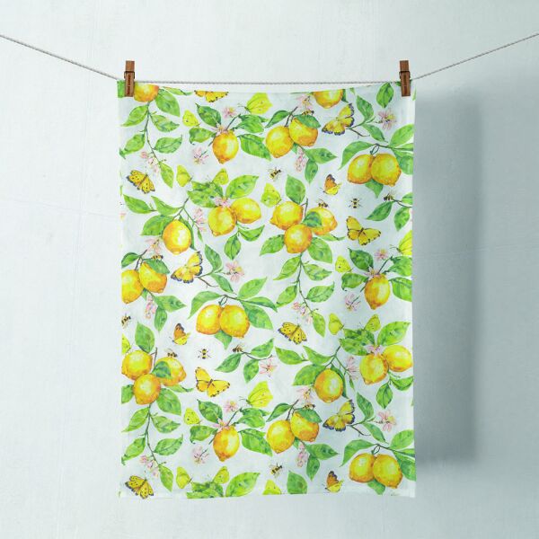 Geschirrtuch Küchenhandtuch 50x70cm frische Zitronen Schmetterlinge weiß