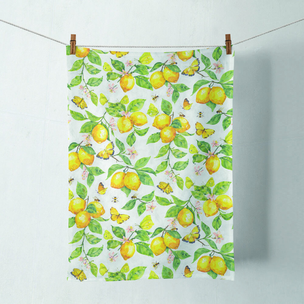 Geschirrtuch Küchenhandtuch 50x70cm frische Zitronen Schmetterlinge weiß