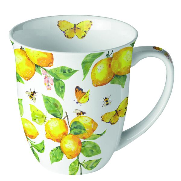 Becher 0,4L Ø 10cm Höhe 10,5 cm frische Zitronen Schmetterlinge weiß