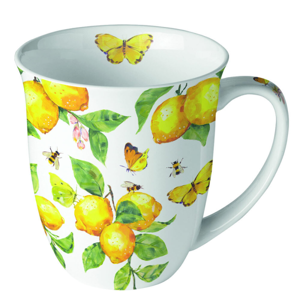 Becher 0,4L Ø 10cm Höhe 10,5 cm frische Zitronen Schmetterlinge weiß