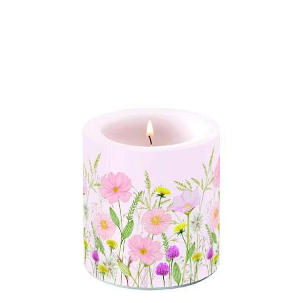 Kerze Ø 7,5cm Höhe 9 cm Blumen Pastelfarben pink