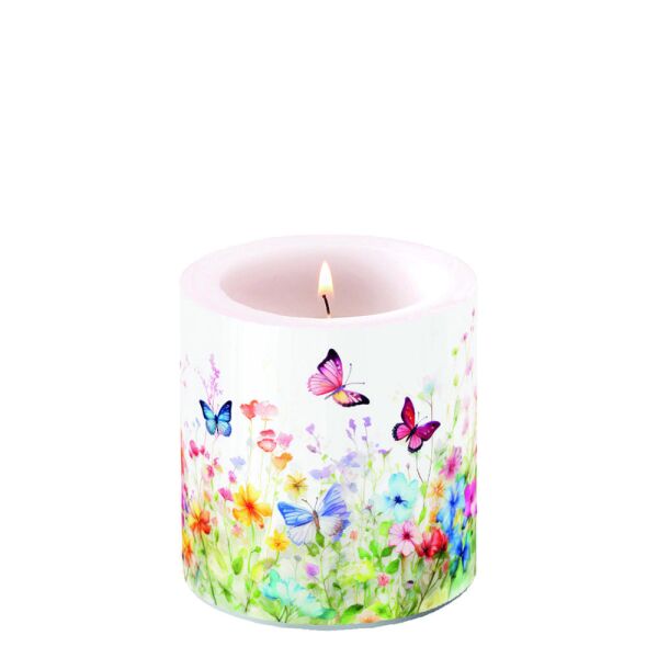 Kerze Ø 7,5cm Höhe 9 cm Schmetterlinge Blumen Wiese weiß
