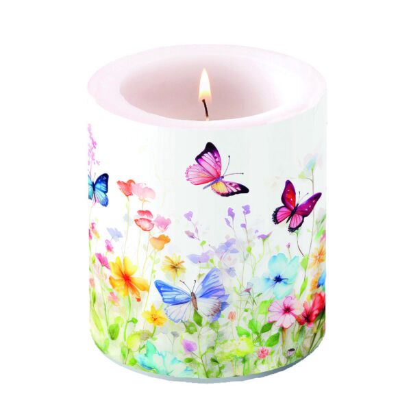 Kerze Ø 10cm Höhe 10 cm Schmetterlinge Blumen Wiese weiß