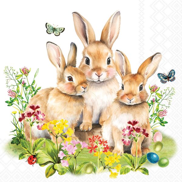 Osterservietten Lunch 33x33cm 3-lagig 20 Stück Hasenfamilie Eier Schmetterlinge Ambiente-Servietten
