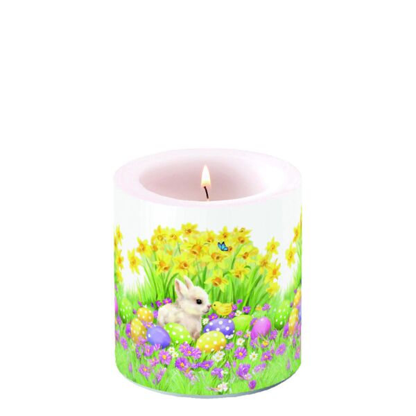 Ostern Kerze Ø 7,5cm Höhe 9 cm Hase Küken Eier Narzissen