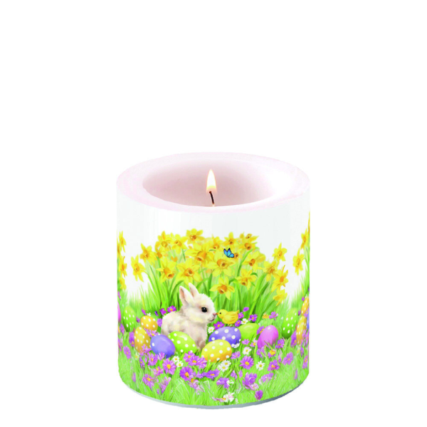Ostern Kerze Ø 7,5cm Höhe 9 cm Hase Küken Eier Narzissen