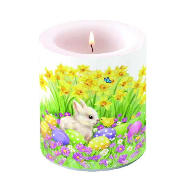 Ostern Kerze Ø 10cm Höhe 10 cm Hase Küken Eier Narzissen
