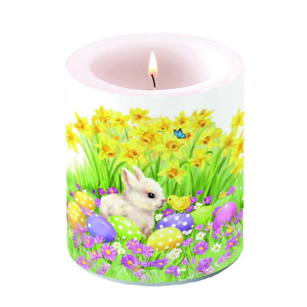 Ostern Kerze Ø 10cm Höhe 10 cm Hase Küken Eier Narzissen
