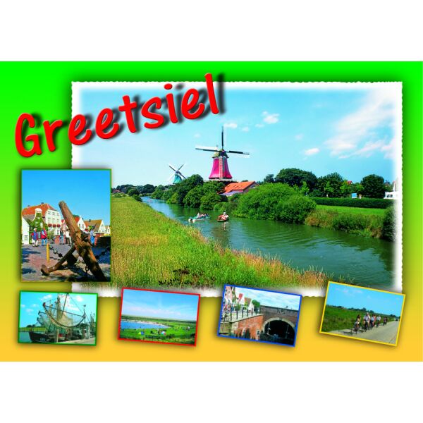 Greetsiel Postkarten Windmühlen Radfahrer Brücke