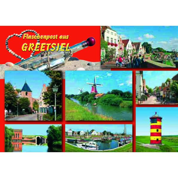 Greetsiel Postkarten Flaschenpost aus Greetsiel Kirche Leuchtturm