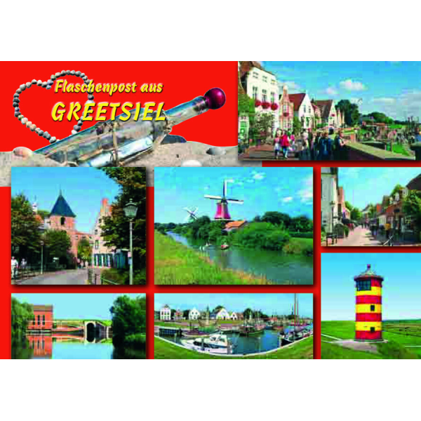 Greetsiel Postkarten Flaschenpost aus Greetsiel Kirche Leuchtturm