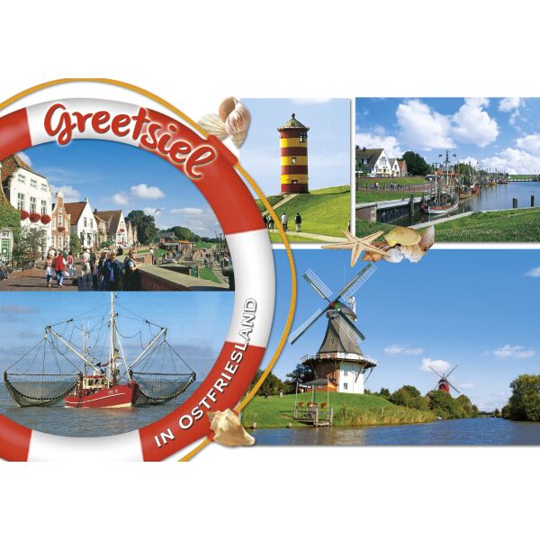 Greetsiel in Ostfriesland Postkarten Rettungsring Windmühlen Hafen