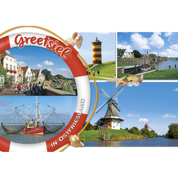 Greetsiel in Ostfriesland Postkarten Rettungsring Windmühlen Hafen