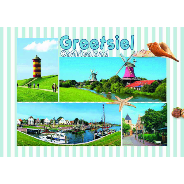 Greetsiel in Ostfriesland Postkarten Muscheln Leuchtturm
