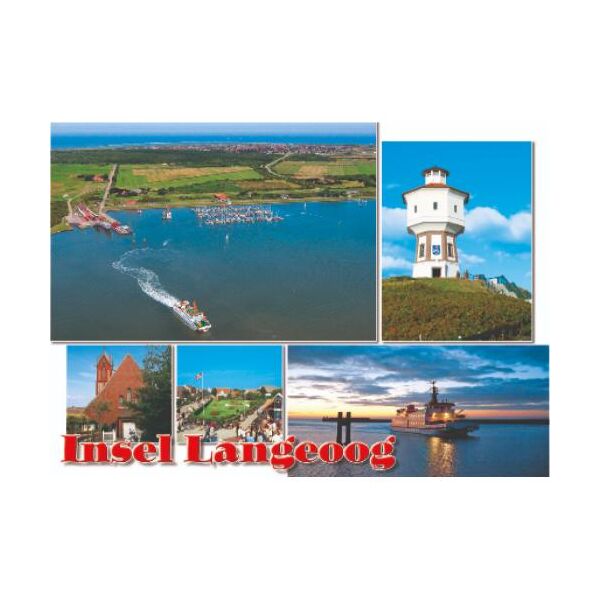 Insel Langeoog Postkarte Ansichtskarte Fähre legt ab Wasserturm Kirche