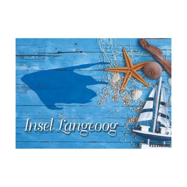 Insel Langeoog Postkarte Ansichtskarte Maritim Schiff Seestern Muschel Umriss