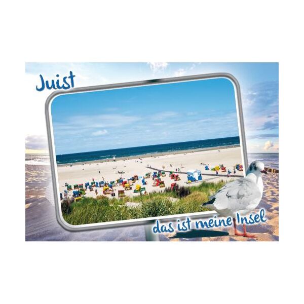 Insel Juist Postkarte Ansichtskarte Ortsschild mit Strandmotiv