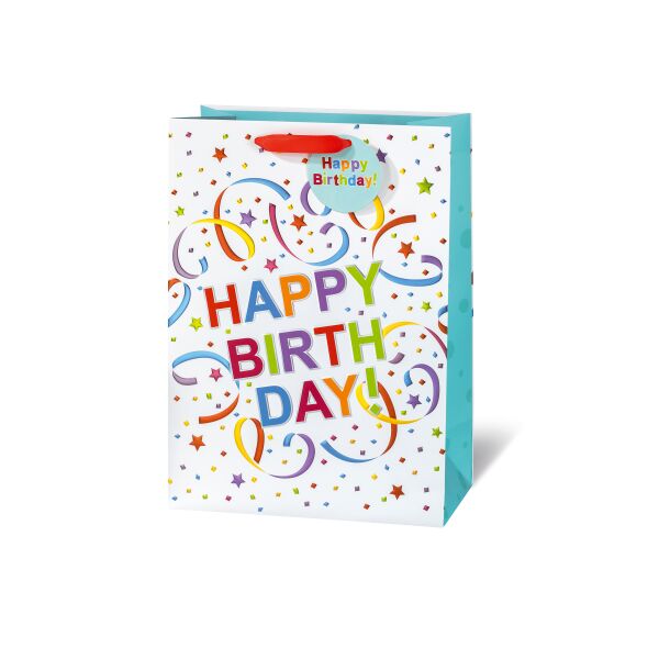 Geschenktüte Geschenktasche A4 groß Luftschlangen Happy Birthday mit Silberfolie und Satinband