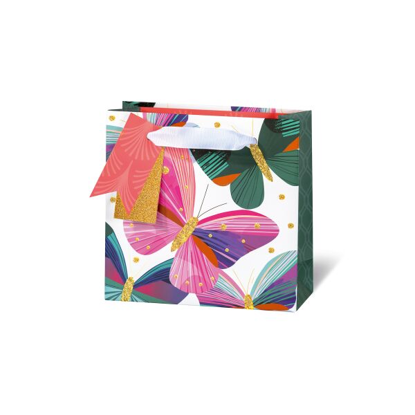Geschenktüte Geschenktasche klein CD-Format Schmetterlinge Butterfly art matt laminiert Gold-Glitter Satinband