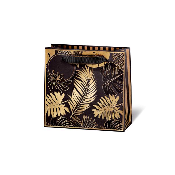 Geschenktüte Geschenktasche klein CD-Format Blätter Black Tropic Kraftpapier Goldfolie Satinband