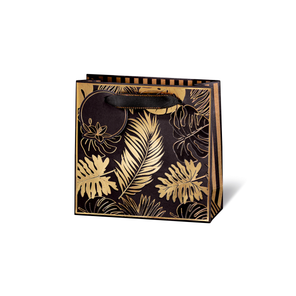 Geschenktüte Geschenktasche klein CD-Format Blätter Black Tropic Kraftpapier Goldfolie Satinband