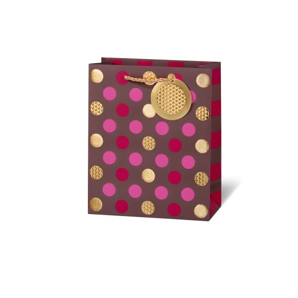 Geschenktüte Geschenktasche A5 Buchformat Punkte Mokka Dots matt liminiert mit Goldfolie Satinband