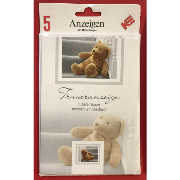 Traueranzeige - Todesanzeigen - Anzeigen-Karten zum Sterbefall - 5er-Set / 5 Stück im Topper mit Briefumschlägen im Format 11 x 15,5 cm