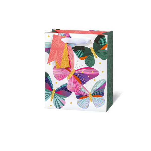 Geschenktüte Geschenktasche A5 Buchformat Schmetterlinge Butterfly art matt laminiert Gold-Glitter Satinband