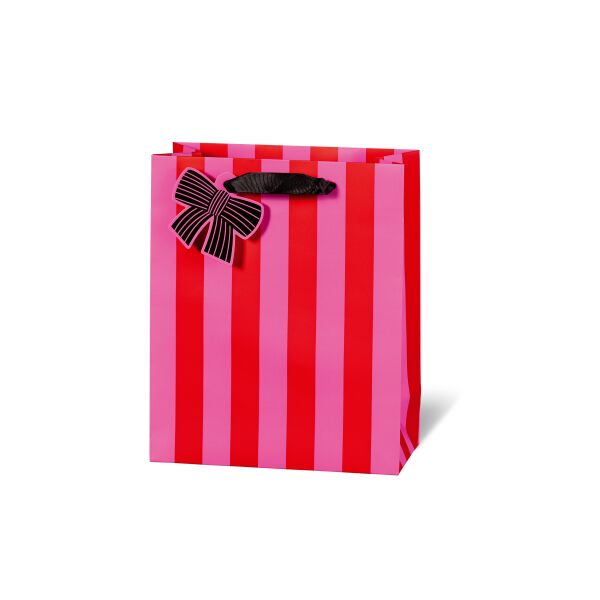 Geschenktüte Geschenktasche A5 Buchformat Streifen rosa-rot matt Folie Satinband
