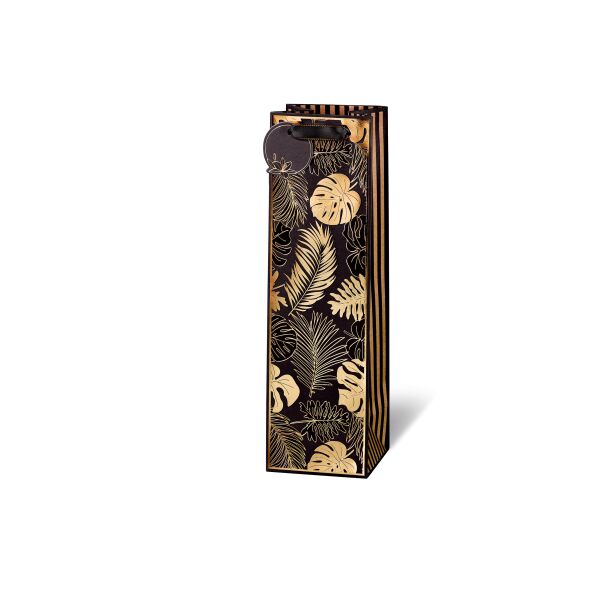 Flaschentasche Weinflaschen-Tüte Blätter Black Tropic Kraftpapier Goldfolie Satinband