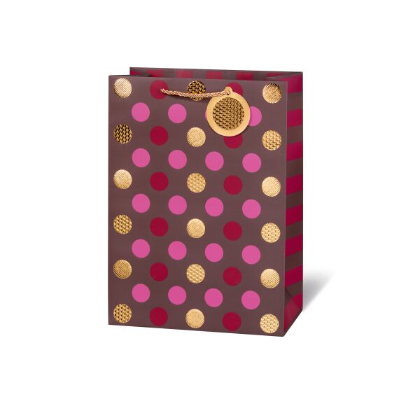 Geschenktüte Geschenktasche A4 groß Punkte Mokka Dots matt liminiert mit Goldfolie Satinband