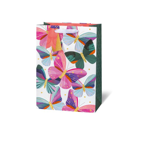 Geschenktüte Geschenktasche A4 groß Schmetterlinge Butterfly art matt laminiert Gold-Glitter Satinband