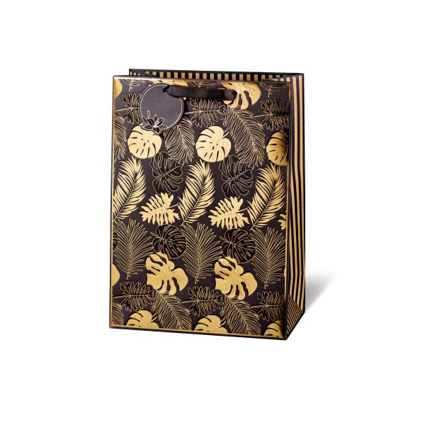 Geschenktüte Geschenktasche A4 groß Blätter Black Tropic Kraftpapier Goldfolie Satinband