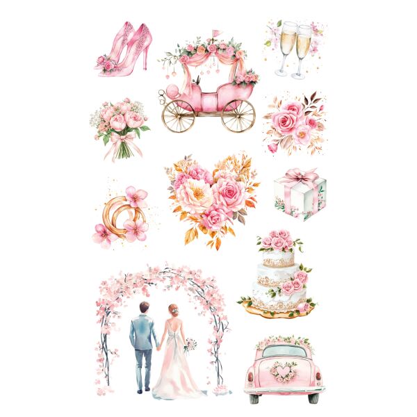 Sticker Aufkleber Deco-Sticker Hochzeit 3 Bögen Vermählung Symbole Kutsche Ringe Brautpaar uvm.