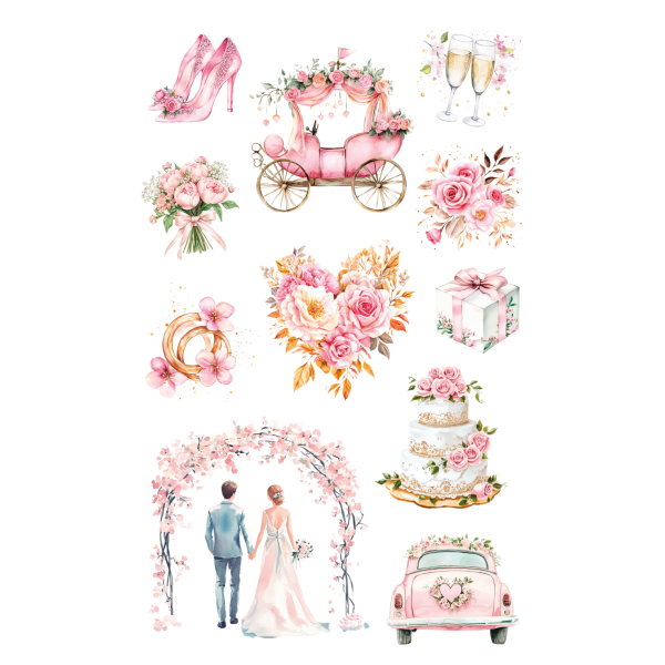 Sticker Aufkleber Deco-Sticker Hochzeit 3 Bögen Vermählung Symbole Kutsche Ringe Brautpaar uvm.