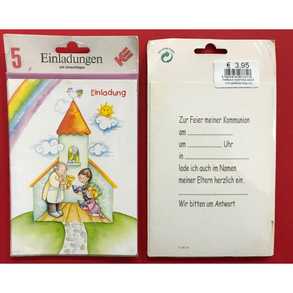 Einladungskarten zur Kommunion im Format 11,5 x 15cm  -  5er-Set -  5 Stück im Topper mit Briefumschlägen