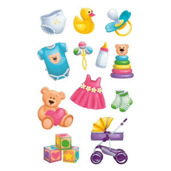 Sticker Aufkleber Deco-Sticker Babysymbole 3 Bögen Windel Teddy Buggy uvm.