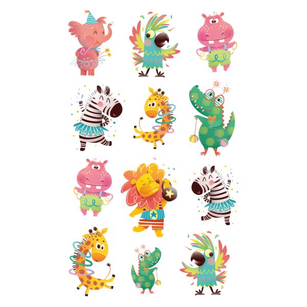 Sticker Aufkleber Deco-Sticker Tiere Party 3 Bögen Zebra Nilpferd Löwe uvm.